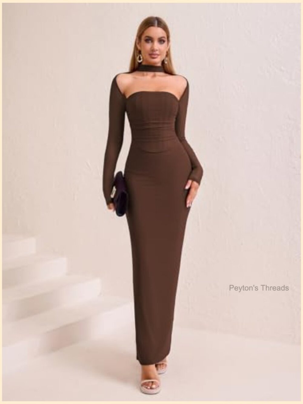 Long Sleeve Bodycon Maxi Dress Halter Neck Ruched Formal Wedding Guest - Picture 3 of 5